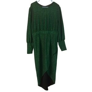 Emerald Green Metallic Midi Dress 1XL Tulip Wrap Party Cocktail Bishop Sleeve